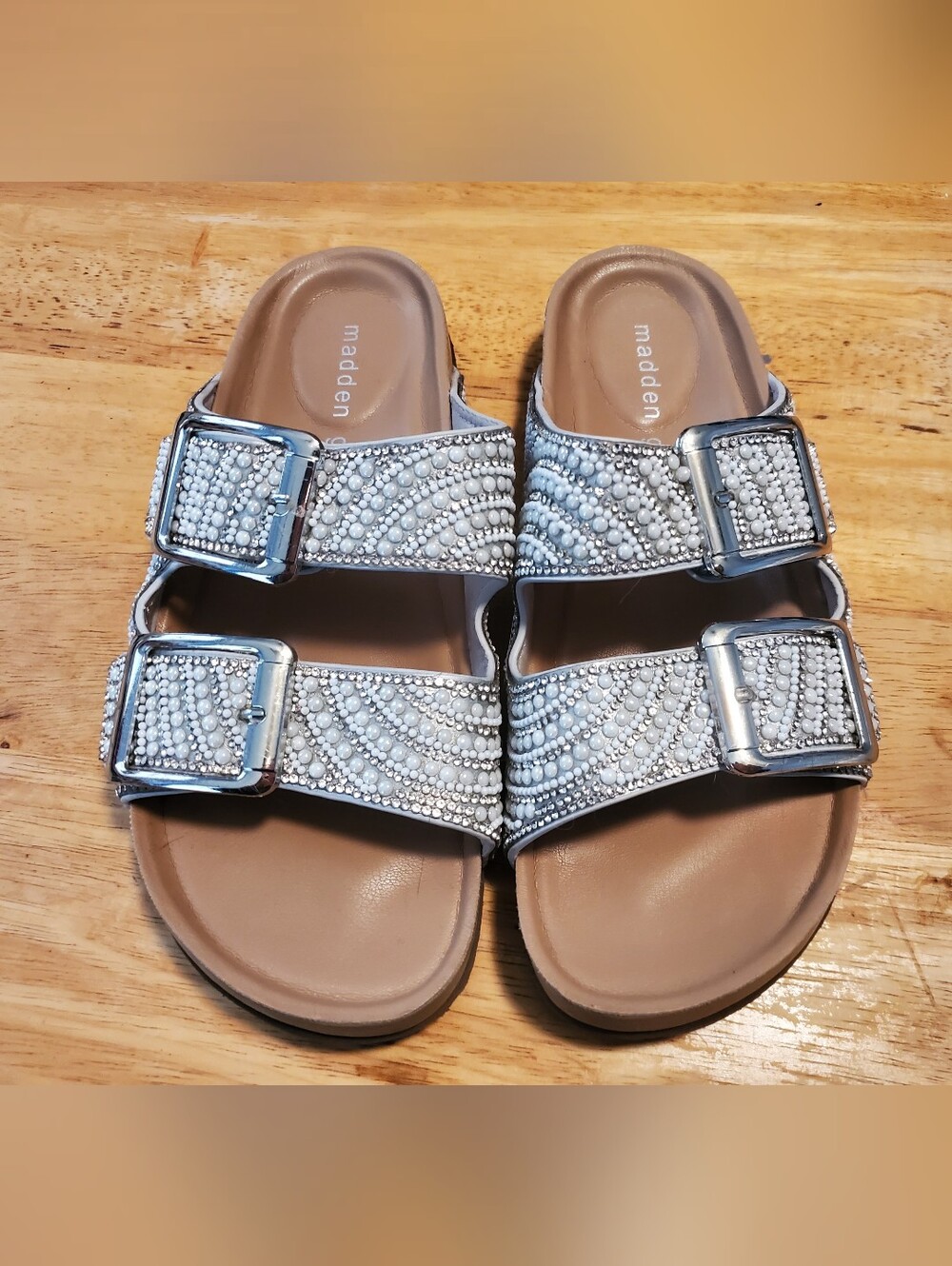 Madden Girl Silver Rhinestone And  Pearl Slide Sandals